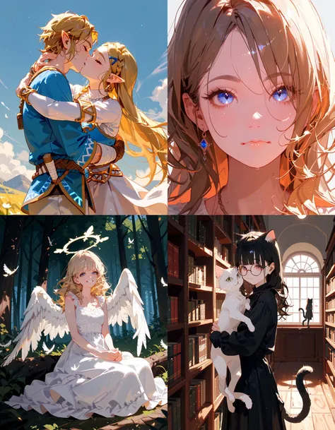 https://civitai.com/articles/5300 ___ All images: score_9, score_8_up, score_7_up ___ 1st image: 1girl, 1boy, Princess_Zelda, \(The_Legend_of_Zelda:_Breath_of_the_Wild\), standing, kiss, hug, closed_eyes ___ 2nd image: 1girl, lovely face, portrait, close-up, looking_at_viewer, closed_mouth ___ 3rd image: 1girl, solo, blonde_hair, wavy_hair, angel, angel_wings, halo, smile, sitting, forest, white_dress ___ 4th Image: 1girl, solo, long_hair, black_hair, blunt_bangs, straight_hair, round_eyewear, cat_girl, cat_ears, cat_tail, standing, hug cat, looking_at_viewer, library