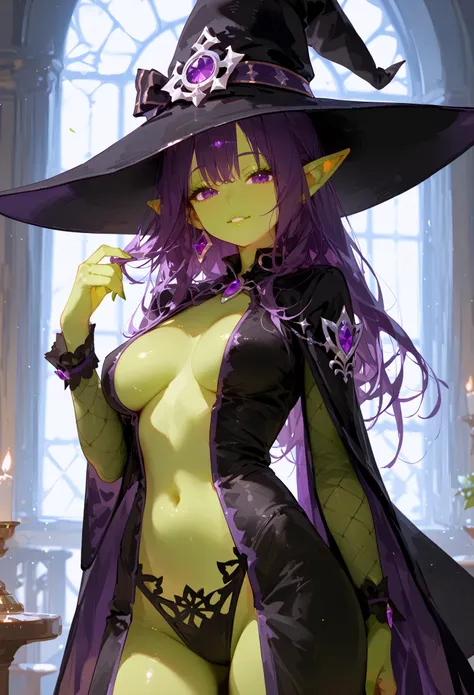 score_9, score_8_up, score_7_up, best quality, source_anime BREAK, sexy goblin lady, purple hair, purple eyes, black witch hat, (green skin), (goblin lady)