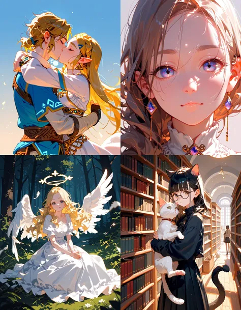 https://civitai.com/articles/5300 ___ All images: score_9, score_8_up, score_7_up ___ 1st image: 1girl, 1boy, Princess_Zelda, \(The_Legend_of_Zelda:_Breath_of_the_Wild\), standing, kiss, hug, closed_eyes ___ 2nd image: 1girl, lovely face, portrait, close-up, looking_at_viewer, closed_mouth ___ 3rd image: 1girl, solo, blonde_hair, wavy_hair, angel, angel_wings, halo, smile, sitting, forest, white_dress ___ 4th Image: 1girl, solo, long_hair, black_hair, blunt_bangs, straight_hair, round_eyewear, cat_girl, cat_ears, cat_tail, standing, hug cat, looking_at_viewer, library