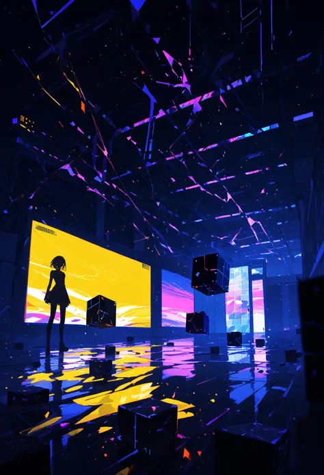 score_9, score_8_up, score_7_up, best quality, source_anime BREAK, 1girl, solo, from front, (room:1.2), looking at viewer, squint, smile, (blurry background:1.1), dark theme, yellow tone, violet tone, polarized, glitch art, silhouette art, block-noise art, disintegration effect