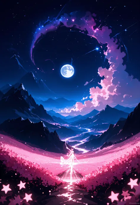 score_9, score_8_up, score_7_up, best quality, source_anime BREAK, (glowing wizard, golden magic), galaxy in the sky, mountain ritual, blooming mountain range, many stars, pink flowers everywhere, large scale magic, moonlight, big moon in the background, soft lighting, high contrast, dark background, a3nua, night sky, bright stars, bokeh, volumetric clouds