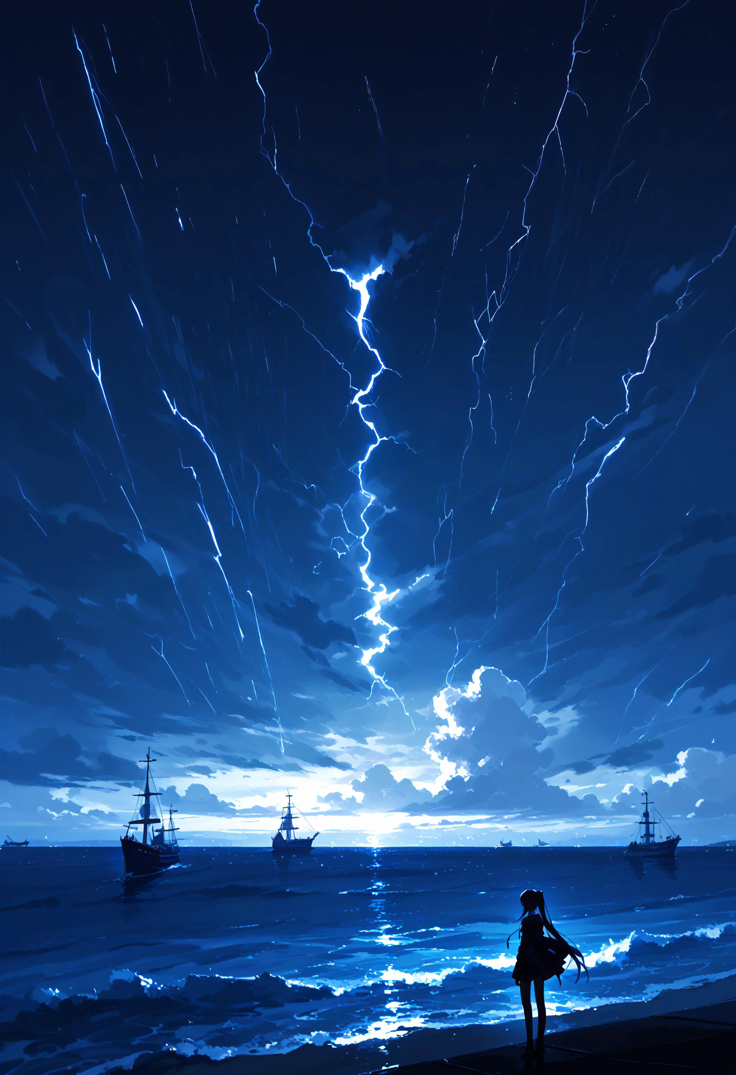 score_9, score_8_up, score_7_up, best quality, source_anime BREAK, storm brewing, storm clouds, thousands of ships in a glittering ocean, dark blue theme, god rays shining through in the distance, moody lighting, high contrast, dark background, jill stingray, twintails, silhouette