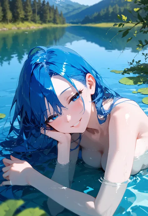 score_9, score_8_up, score_7_up, best quality, source_anime BREAK, 1girl, lake, partially submerged, lying, pale skin, blue eyes, blue hair, pale skin, blush, smile, half-closed eyes, completely nude, BREAK masterpiece, depth of field,