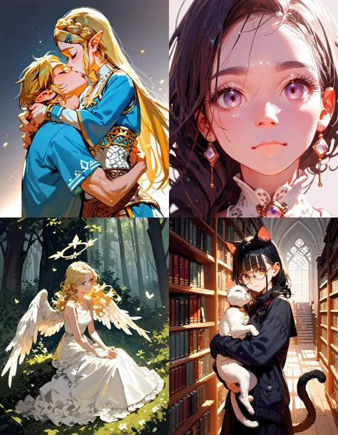 https://civitai.com/articles/5300 ___ All images: score_9, score_8_up, score_7_up ___ 1st image: 1girl, 1boy, Princess_Zelda, \(The_Legend_of_Zelda:_Breath_of_the_Wild\), standing, kiss, hug, closed_eyes ___ 2nd image: 1girl, lovely face, portrait, close-up, looking_at_viewer, closed_mouth ___ 3rd image: 1girl, solo, blonde_hair, wavy_hair, angel, angel_wings, halo, smile, sitting, forest, white_dress ___ 4th Image: 1girl, solo, long_hair, black_hair, blunt_bangs, straight_hair, round_eyewear, cat_girl, cat_ears, cat_tail, standing, hug cat, looking_at_viewer, library