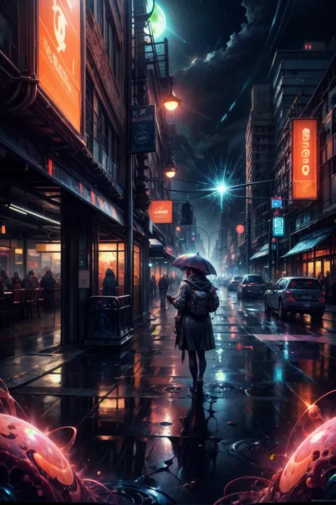 best quality, masterpiece, realistic, photorealistic, 1girl, solo, alienscape, otherscape, city street, noon, neon theme, glowing, starry sky <lora:Alienscape:1.0> detailed background, night, light, rain
BREAK
outdoors, twilight, raytracing <lora:add_detail:1>