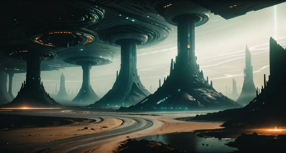 photograph of a alien world under the ground,A dramatic photograph of city under the ground,a futuristic city , (a futuristic city:1.4) below the ground of north pole, a underground city, (modern alien buildings:1.4).The atmospheric lighting and sense of mystery create a captivating scene reminiscent of science fiction movies cinematic, film grain, realistic ,50mmatmospheric lighting and sense of mystery,cinematic, film grain, realistic ,mythological dystopia, glowing,intricate geometric patterns, Each pulsating node emits a soft, otherworldly glow, spellbinding ambiance throughout the scene. reflective themecinematic look, 50mm <lora:Alienscape:.6> otherscape