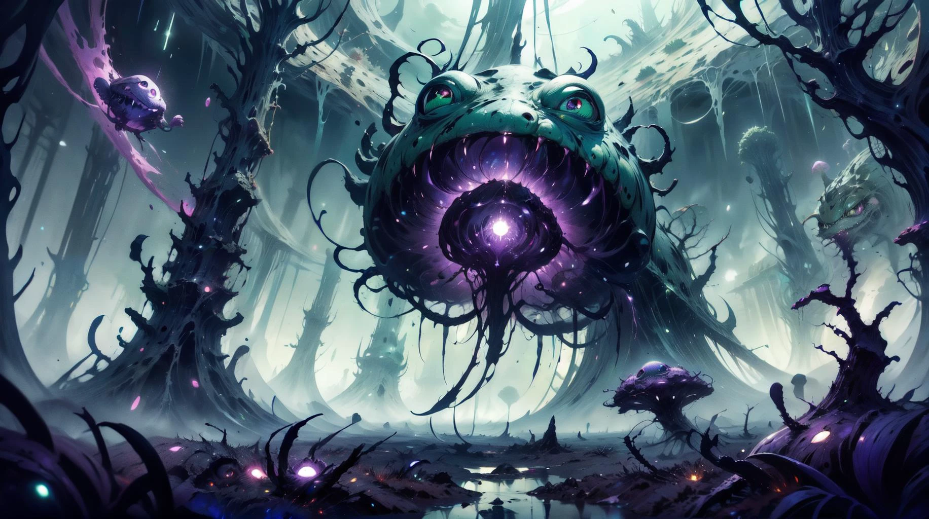(masterpiece, best quality, fullscreen), [(full body:0.2)::0.3] (photo of a decaying [magical being:creature:0.4]:1.2), (Baroque Ethereal body with Amphibian head and with two Six-Fingered Hands:1.1), (green and purple Diseased Skin texture:1.2), (Consumed Eyes and shadowy tendrils and Sickly Colors and Taint and Stains and Twisted Limbs and Decayed Appearance and dark whispers and Slimy hairs:1.3), (Dark Purple Aura:1.3), (Disgusting appearance overall:1.2), (extensive purple gl0w1ngR runes on the body:1.2) <lora:EFFECT gl0w1ngR3Civit:0>, (looking at the viewer:1.4), (dark [sick green, purple] Frogs Leaping background:1.2), <lora:EFFECT Gloomifier_TheDread_V1_LECO:0.2>, (<lora:EFFECT WorldofLace:0.3[0.4[0.5> purple worldoflace), <lora:EFFECT Gloomifier_V2_TheGlow:0>, <lora:MONSTER Creature:0.2> creature, <lora:EFFECT Alienscape:1>, <lora:LIGHT epi_noiseoffset2:0.2>, <lora:QUALITY kkw-better-v1.0a:0.8>, <lora:QUALITY add_detail:0.6>, (Full body Shot, Shallow Focus Shot, Low Angle Shot:[1.2:0.5:0.1]), heavily detailed, (asymmetric composition:1.5), (sharp focus), <lora:EFFECT Magic card fakemtg_label:0> fakemtg, extremely detailed, vast cosmos, stunning intricate detail, ambient lighting, 4K, trending on artstation, hypermaximalist, photorealistic, hyperprofessional, octane render