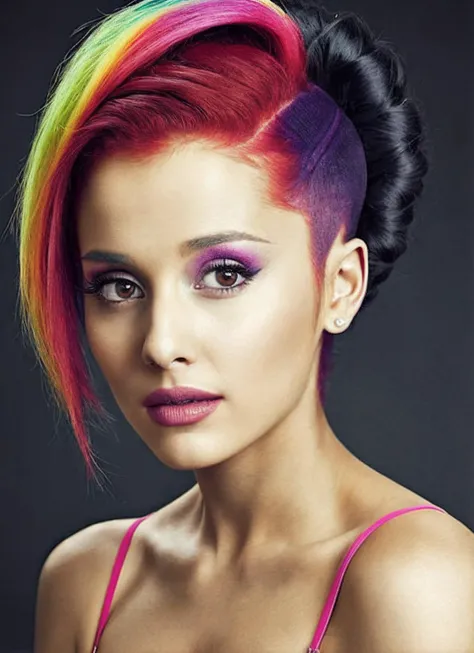 portrait of sks woman by Flora Borsi, style by Flora Borsi, bold, bright colours, rainbow Mohawk haircut, ((Flora Borsi)), <lora:locon_arianagrande_v1_from_v1_64_32:1.25>
