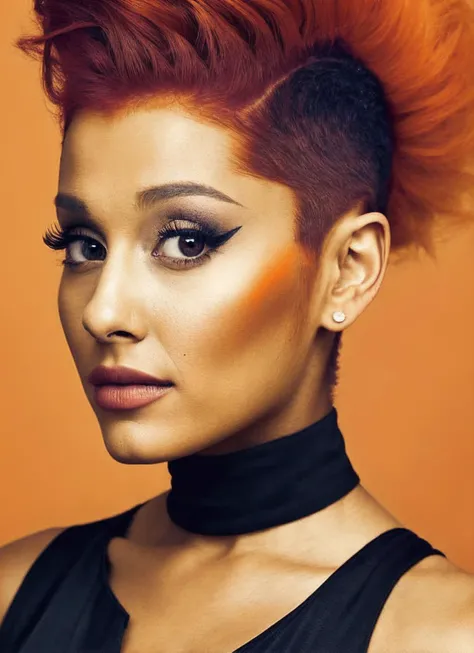 portrait of sks woman by Flora Borsi, style by Flora Borsi, bold, bright colours, orange Mohawk haircut, ((Flora Borsi)), <lora:locon_arianagrande_v1_from_v1_64_32:1.25>