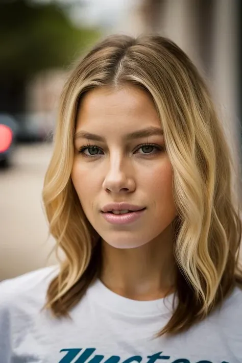 Realistic photo of a beautiful j3ss1c4b woman,  1girl, solo, long hair, messy hair,  looking at viewer, (((blonde hair))), t-shirt, simple background, parted lips, teeth, lips, portrait, realistic, soft lighting, professional Photography, Photorealistic, detailed, RAW, analog, sharp focus, 8k, HD, DSLR, high quality, Fujifilm XT3, film grain, award winning, masterpiece<lora:j3ss1c4b:1.0>