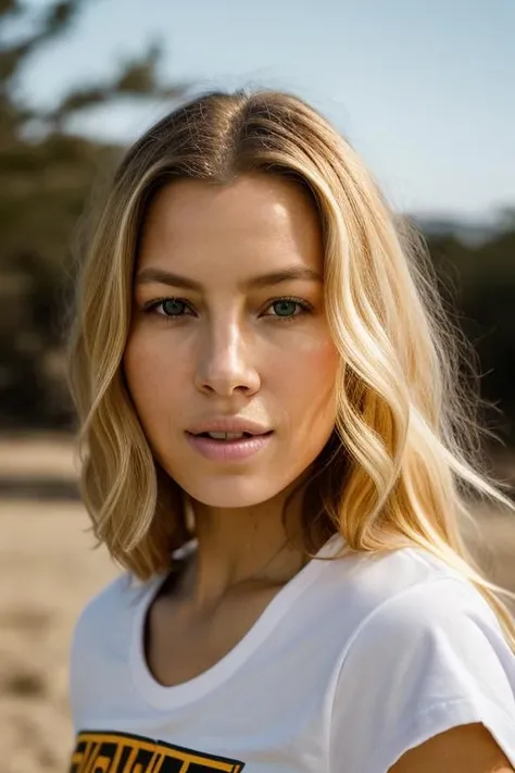 Realistic photo of a beautiful j3ss1c4b woman, 1girl, solo, long hair, looking at viewer, (((blonde hair))), t-shirt, simple background, parted lips, teeth, lips, portrait, realistic, soft lighting, professional Photography, Photorealistic, detailed, RAW, analog, sharp focus, 8k, HD, DSLR, high quality, Fujifilm XT3, film grain, award winning, masterpiece<lora:j3ss1c4b:1.0>