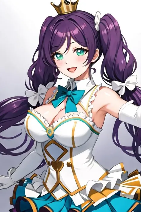 best quality, masterpiece, highres, solo, {toujou_nozomi_lovelive:1.15}, purple_hair, long_hair, green_eyes, , smile, blush, twintails, large_breastsornament, low_twintails, 1girl, aqua_eyes, bangs, looking_at_viewer, frills, bow, open_mouth, parted_bangs, bare_shoulders, sparkle, gloves, white_gloves, dress, idol, skirt, sleeveless, upper_body
