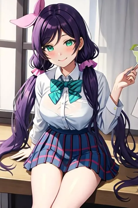 best quality, masterpiece, highres, solo, {toujou_nozomi_lovelive:1.15}, purple_hair, long_hair, green_eyes, , smile, blush, twintails, large_breastsornament, low_twintails, 1girl, looking_at_viewer, otonokizaka_school_uniform, school_uniform, shirt, bow, bowtie, green_bow, striped_bow, striped_bowtie, white_shirt, green_bowtie, striped, scrunchie, bangs, collared_shirt, hair_scrunchie, skirt, blue_skirt, pleated_skirt, pink_scrunchie, plaid, plaid_skirt, summer_uniform, short_sleeves, aqua_eyes