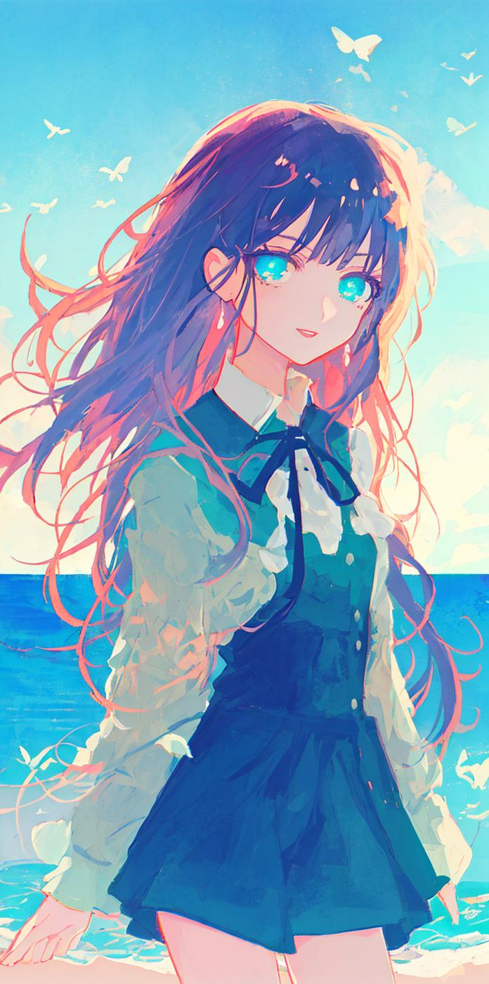 Anime girl with long hair standing on the beach looking at the ocean ...
