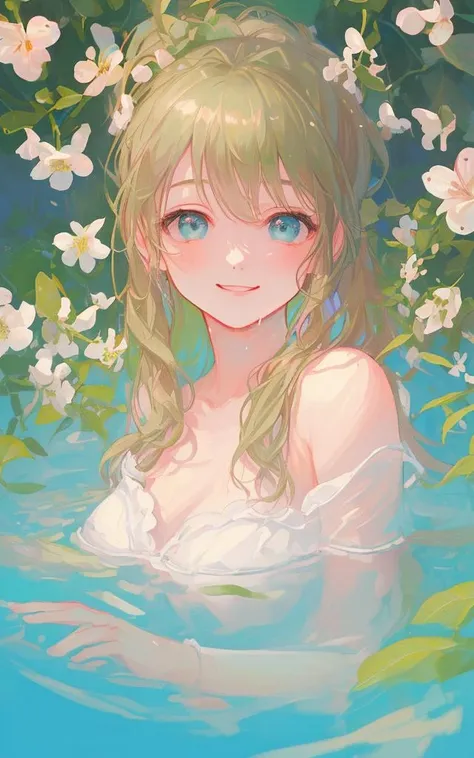 ((masterpiece)), (((best quality))), ((ultra-detailed)), ((illustration)), (detailed light:1.21), realism light effect,
1girl, solo,Flax hair,side ponytail,(beautiful_detailed_hair),green eyes, (beautiful_detailed_eyes),
upper body,navel, flower, wet, medium breasts,
water, blush, smile, collarbone,
bathing, looking at viewer,partially submerged,