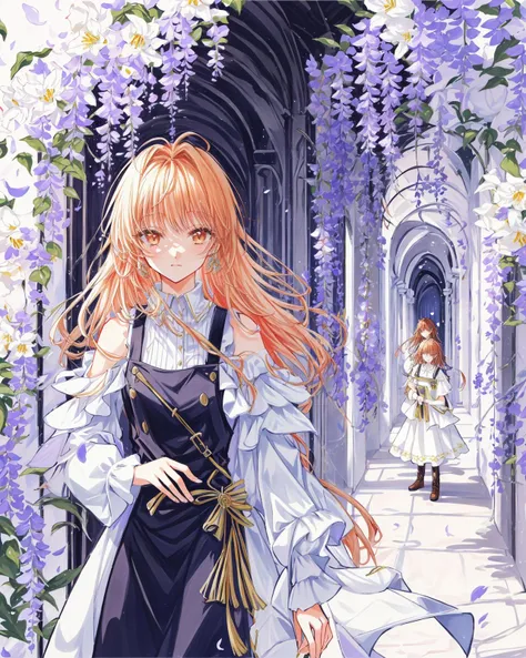 2 girls, yuri, walking, eye_contect, chat, gesture, wise, philosopher, shoulders, long curvy hair, pinafore dress, (flowers crowded, flowers everywhere:1.1), wisteria corridor, hallway,
afternoon,(warm color):0.263, magical atmosphere, trending on artstation, intricate details (by Marc Adamus):0.7,(by itou hachi):0.3,(8k hdr:1.2), atmospheric perspective, extremely detailed, wallpaper, perfect anime illustration, (cowboy shot):0.87, portrait:1.35, close-up:1.3,(upper body):0.75,
<lora:add_detail:0.217> <lora:clamp-tsubasa-style:0.75> <lora:psychedelicfluids:0.216> <lyco:VECTORV1-TRIM:0.31> <lora:monet_v2:0.112> <lora:supica_v3:0.133> <lyco:gouacheFinv1:0.07> <lora:choomoranma:0.09>