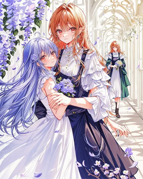 2 girls, yuri, walking, eye_contect, chat, gesture, wise, philosopher, shoulders, long curvy hair, pinafore dress, (flowers crowded, flowers everywhere:1.1), wisteria corridor, hallway,
afternoon,(warm color):0.263, magical atmosphere, trending on artstation, intricate details (by Marc Adamus):0.7,(by itou hachi):0.3,(8k hdr:1.2), atmospheric perspective, extremely detailed, wallpaper, perfect anime illustration, (cowboy shot):0.87, portrait:1.35, close-up:1.3,(upper body):0.75,
<lora:add_detail:0.217> <lora:clamp-tsubasa-style:0.75> <lora:psychedelicfluids:0.216> <lyco:VECTORV1-TRIM:0.31> <lora:monet_v2:0.112> <lora:supica_v3:0.133> <lyco:gouacheFinv1:0.07> <lora:choomoranma:0.09>