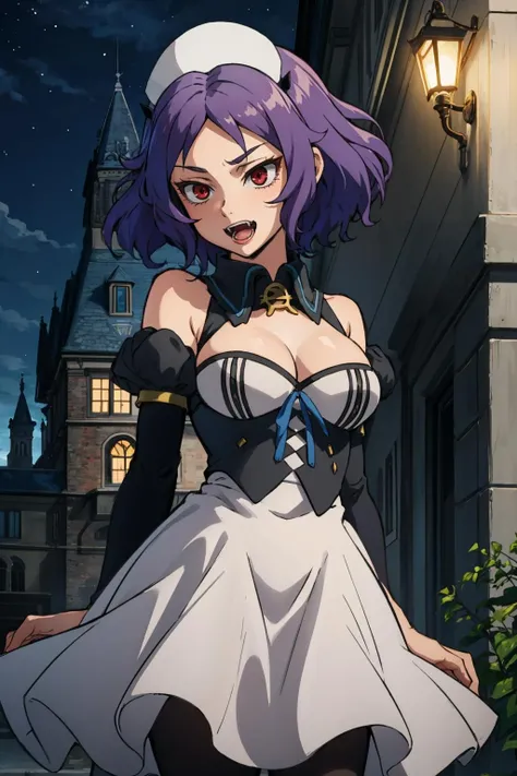 masterpiece, best quality, cbelle, red eyes, headdress, detached collar, dress, detached sleeves, pantyhose, furrowed brow, smirk, open mouth, fangs, night, gothic architecture <lora:chessbelle-nvwls-v1-000009:0.9>