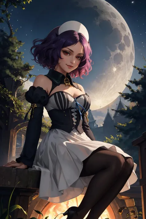 masterpiece, best quality, cbelle, red eyes, headdress, detached collar, dress, pantyhose, detached sleeves, whole body, furrowed brow, smile, night, gothic architecture, moon, trees <lora:chessbelle-nvwls-v1-000009:0.9>