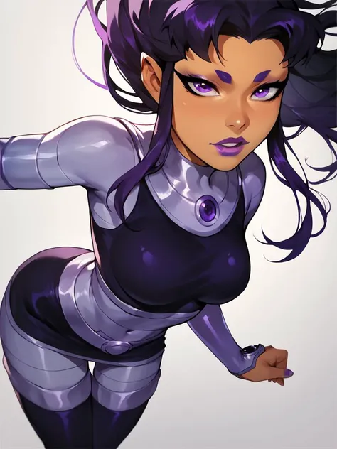 score_6_up, score_7_up, score_8_up, score_9, masterpiece, perfect face, perfect hands, high quality, <lora:blackfire-guy-PONYv1:1> blackfire,dark skin, purple eyes, black hair, purple hair, makeup, lipstick, bodysuit, thigh boots