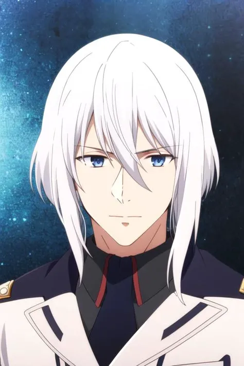 masterpiece, best quality, wallpaper, 1boy, solo, male focus, looking at viewer, , , ligne claire, realistic, <lora:lay_glanzudlii:0.72>, lay_glanzudlii, white hair, blue eyes