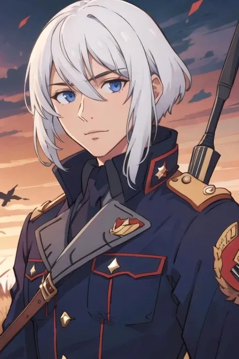 masterpiece, best quality, illustration, 1boy, solo, male focus, looking at viewer, upper body, , ligne claire, realistic, <lora:lay_glanzudlii:0.68>, lay_glanzudlii, white hair, blue eyes, scarecrow costume, world war 1, 8k resolution