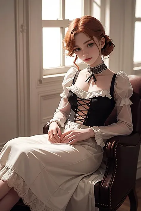 1900's  photograph of 18 year old  jp-Gingerv1-275, Edwardian updo, soft powder  wearing High-collared lace bralette with matching bloomers , Victorian drawing room , Kodak Brownie, 100mm f/4.5, 1/50s, ISO 25, Autochrome