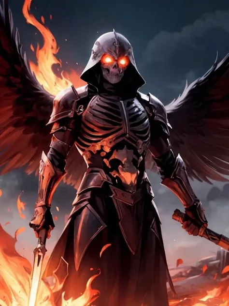 omnipotent omnipresent omniscient entity, skeleton, death god, 1boy, red glowing eyes, flaming weapon, godly black armor, angry, angel wings