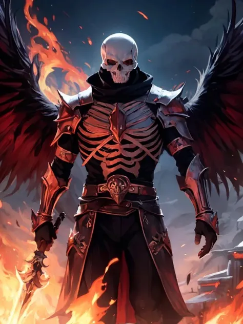 omnipotent omnipresent omniscient entity, skeleton, death god, 1boy, red eyes, flaming weapon, godly black armor, angry, angel wings