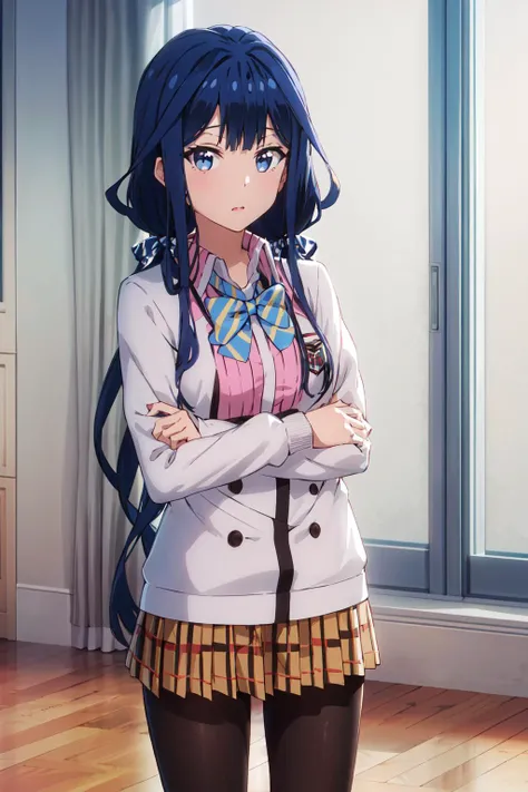 masterpiece, best quality,highres,aki,twintails,pantyhose,long hair,1girl, solo, school uniform,blue hair, blue eyes,low twintails,striped,skirt,shirt,<lora:aki_v1:0.8>,school,looking at viewer,