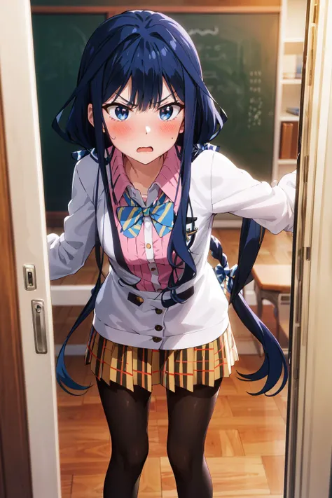 masterpiece, best quality,highres,aki,twintails,pantyhose,long hair,1girl, solo, school uniform,blue hair, blue eyes,low twintails,striped,skirt,shirt,<lora:aki_v1:0.7>,school,leaning forward ,angry,blush,