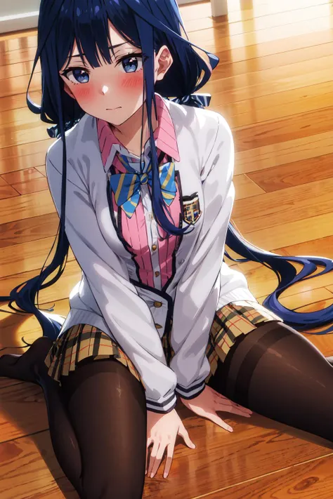 masterpiece, best quality,highres,aki,twintails,pantyhose,long hair,1girl, solo, school uniform,blue hair, blue eyes,low twintails,striped,skirt,shirt,<lora:aki_v1:0.7>,school,on floor,blush,