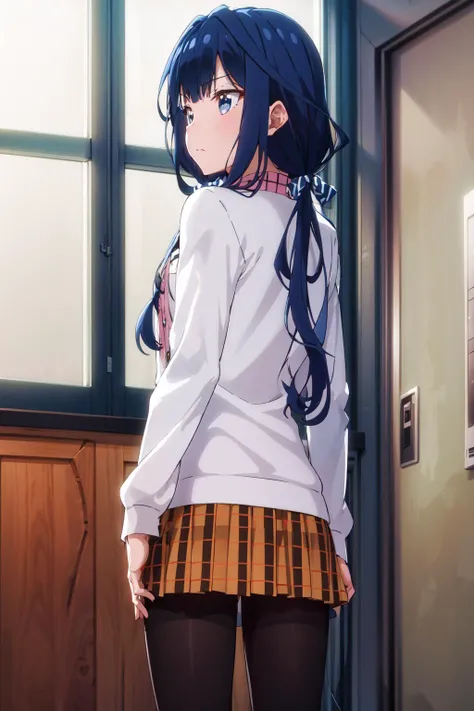 masterpiece, best quality,highres,aki,twintails,pantyhose,long hair,1girl, solo, school uniform,blue hair, blue eyes,low twintails,striped,skirt,shirt,<lora:aki_v1:0.8>,school,from behind, looking back,