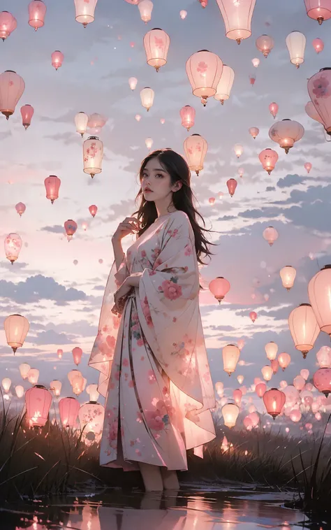 sky lanternmasterpiece, best quality, 32k uhd, insane details, intricate details, hyperdetailed, hyper quality, high detail, ultra detailed, Masterpiece, (Real waterRealistic waterflowing water:1.1)ripples(pink sky:1.4),
A whimsical sight of paper lanterns floating against the twilight sky, captured in a wide view by Tim Walker.    The lanterns cast a warm glow, creating a dreamlike tableau that melds tradition with beauty, i can't believe how beautiful this is, dream-like atmosphere
<lora:~Q?-[Tfpo sky lantern:0.8>
