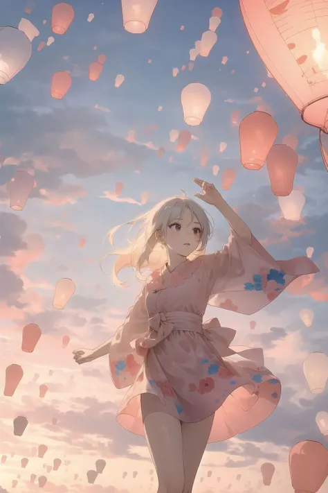 1girl,<lora:sky_lantern:0.7>,sky lantern,, (masterpiece, best quality, high quality, highres, ultra-detailed),flying