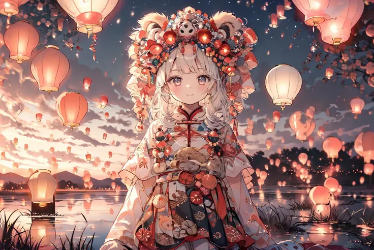 1girl, solo, cute, smile, XUER LION HEAD, SKY LANTERN, lake, night sky <lora:Kongming sky lantern:0.8> <lora:xuer lion head:0.8>