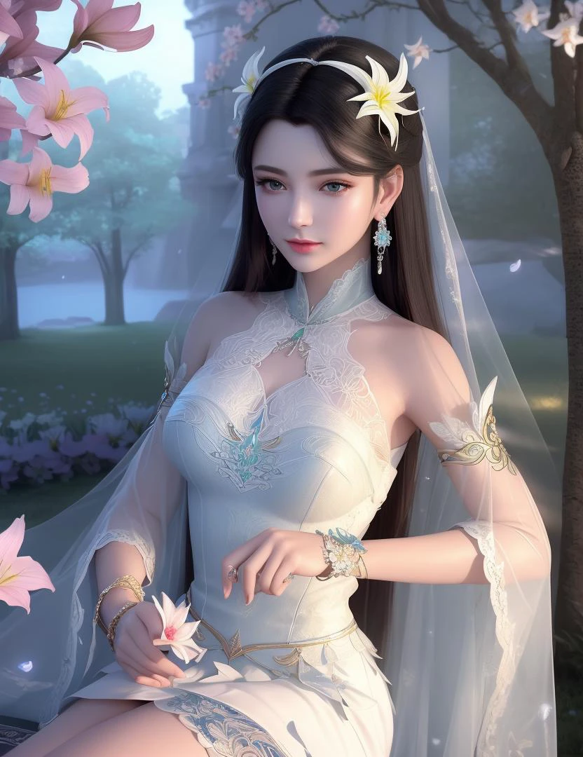 ultra realistic 8k cg, picture-perfect face, flawless, clean, masterpiece, professional artwork, famous artwork, cinematic lighting, cinematic bloom, perfect face, beautiful face, fantasy, dreamlike, unreal, science fiction, beautiful clothes, lace, lace trim, lace-trimmed legwear, (rich:1.4), prestige, luxury, jewelry, diamond, gold, pearl, gem, sapphire, ruby, emerald, intricate detail, delicate pattern, charming, alluring, seductive, erotic, enchanting, hair ornament, necklace, earrings, bracelet, armlet,halo
((,1girl, pov,))(((,lily \(flower\), 1girl, spring_\(season\), solo,looking at viewer, ))) <lora:DA_XiaoXunEr:0.6>