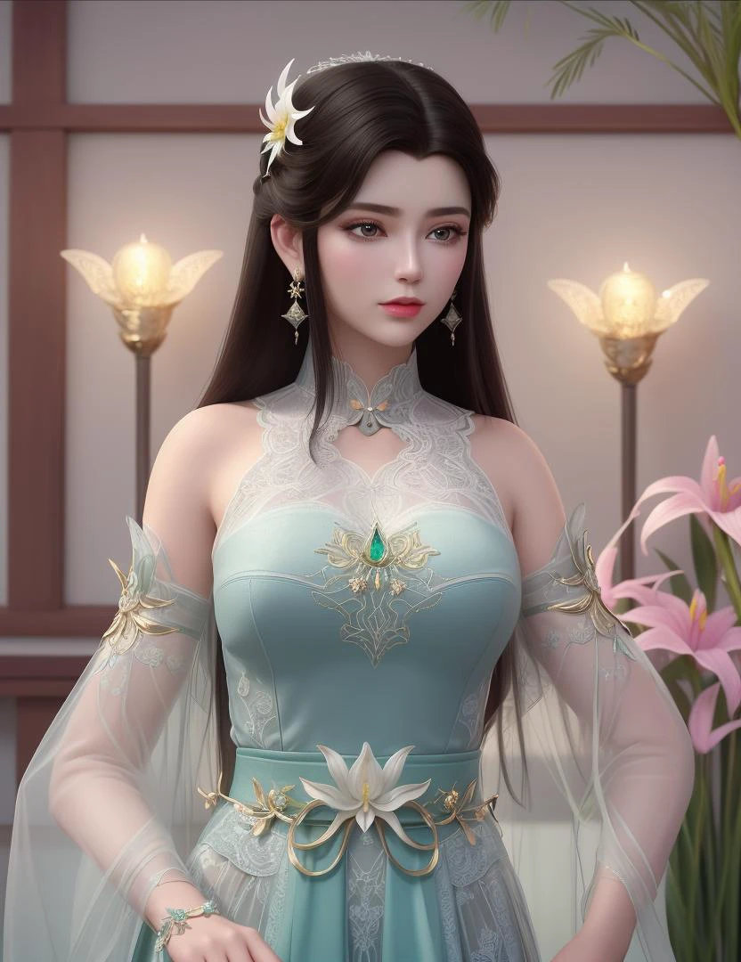 ultra realistic 8k cg, picture-perfect face, flawless, clean, masterpiece, professional artwork, famous artwork, cinematic lighting, cinematic bloom, perfect face, beautiful face, fantasy, dreamlike, unreal, science fiction, beautiful clothes, lace, lace trim, lace-trimmed legwear, (rich:1.4), prestige, luxury, jewelry, diamond, gold, pearl, gem, sapphire, ruby, emerald, intricate detail, delicate pattern, charming, alluring, seductive, erotic, enchanting, hair ornament, necklace, earrings, bracelet, armlet,halo
((,1girl, pov,))(((,lily \(flower\), 1girl, spring_\(season\), solo,looking at viewer, ))) <lora:DA_XiaoXunEr:0.6>