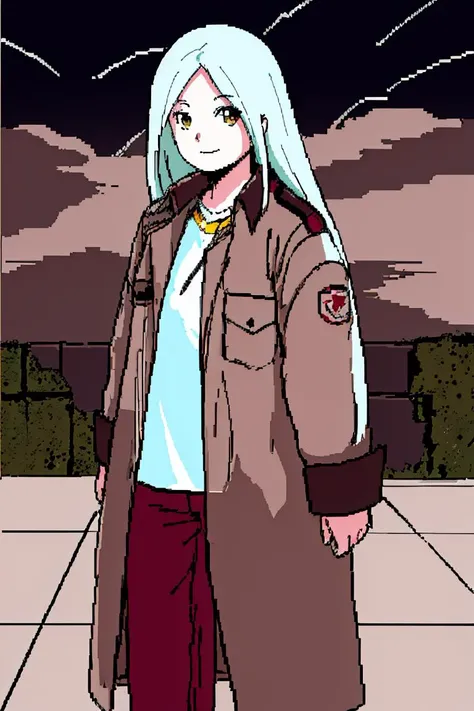 pc-98,ligne claire,(masterpiece,best quality),1girl,IsabellaAW,long hair,shirt,brown coat,pants,standing,facing viewer,(dark cloudy sky background,smiling:1.3),in concrete bunker, <lora:AWIsabella-10:0.75>