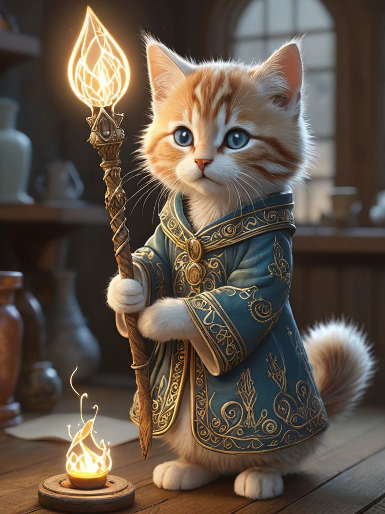 An enchanting image featuring an adorable kitten mage wearing intricate ancient robes, holding an ancient staff, hard at work in her fantastical workshop, intricate runic symbols swirling around her, it's clear that she's busy casting a powerful spell. Her fluffy tail sways gently as she concentrates on the task at hand, adding to the whimsical atmosphere of this magical scene. The soft lighting and detailed surroundings create an immersive environment where imagination runs wild. This charming artwork is sure to delight fans of both kittens and fantasy worlds alike, transporting them into a realm filled with wonder and possibility,
hyper-detailed, high quality visuals, dim Lighting, ultra-realistic, sharply focused, octane render, 8k UHD <lora:DonM3lv3nM4g1cXL-v1.1-000006:0.25> <lora:sd_xl_dpo_lora_v1:0.35>