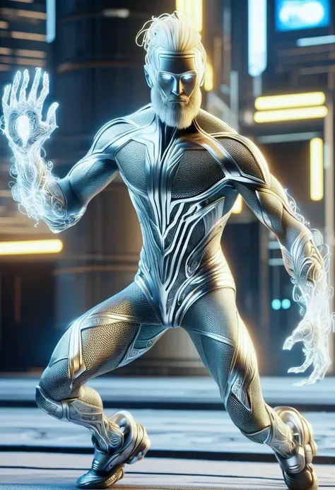hyper detailed masterpiece, dynamic,awesome quality,DonM3lv3nM4g1cXL magic, ,male holo-sculpture designer, nano-infused mutants, mutants with nanobots integrating into their bodies, granting extraordinary abilities, golden age statuesque, maori, gray eyes, cupped ears, protruding chin with cleft, v-shaped jaw, rounded forehead, artistic tattoos, jawline beard , platinum blonde dreadlocks hair, hope, quantum phase, character poses with one foot forward and their body slightly transparent, suggesting quantum phase shifting, wearing pulse-charged cyber shorts, cyber-satin hoodie, ar-assisted snow boots, augmented reality helmet, , stealthy crouch, character crouches low, arms outstretched, and eyes alert, adopting a stealthy pose, hacked visual interfaces, high-security vaults protecting valuable corporate assets, corporate cyberpunk <lora:DonM3lv3nM4g1cXL-v1.1-000006:1>
