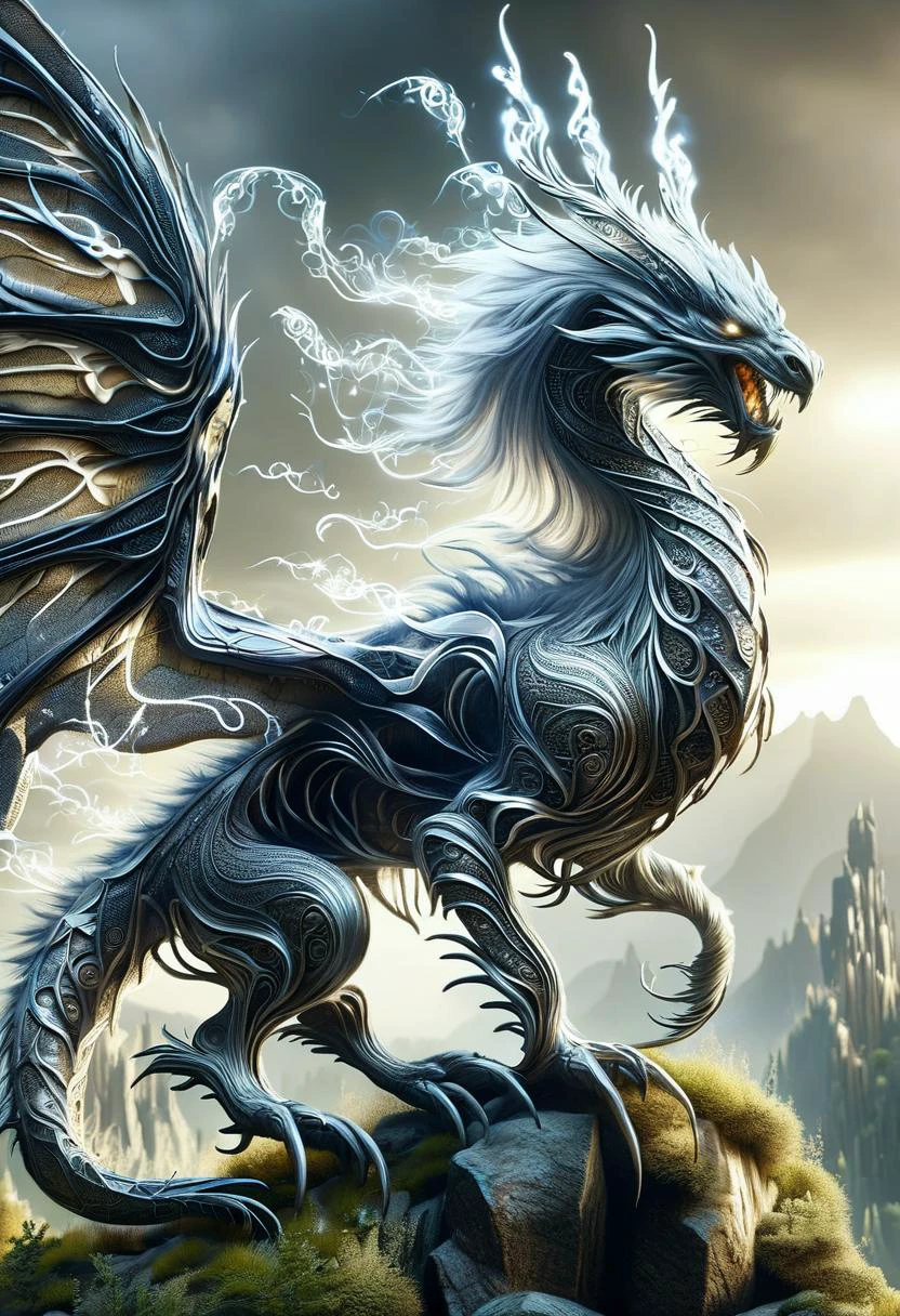 hyper detailed masterpiece, dynamic,awesome quality,DonM3lv3nM4g1cXL magic, ,spriggan, large and fearsome creature, dragon like appearance, jagged and sharp features, slithers, eerie grace, dark mottled hues, vorpal claws and teeth, wings,tail, mythical fantastical realm <lora:DonM3lv3nM4g1cXL-v1.1-000006:1>