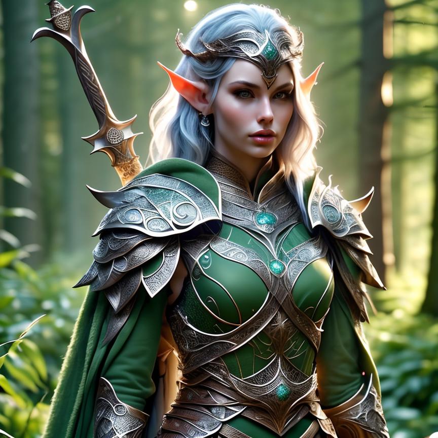 A woman in a green outfit holding a sword in a forest - SeaArt AI