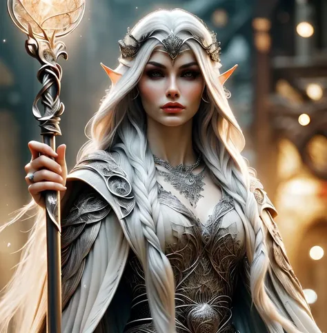 (masterpiece:1.2), (best quality,:1.2), 8k, HDR, ultra detailed, ((photorealistic)), perfect anatomy, professional light, cinematic lighting, fashion photography, ambient lighting,<lora:detail_slider_v4:2>, a beautiful female elven sorceress, long blonde hair, jewelry, ((cowboy shot)), wearing intricate (white and black) robes, belt, (holding a staff), casting a spell, headband, embroidered cloak, elar, <lora:ElvenArmor-10:1>, <lora:DonM3lv3nM4g1c-000005:0.5>, DonM3lv3nM4g1c, epiCPhoto