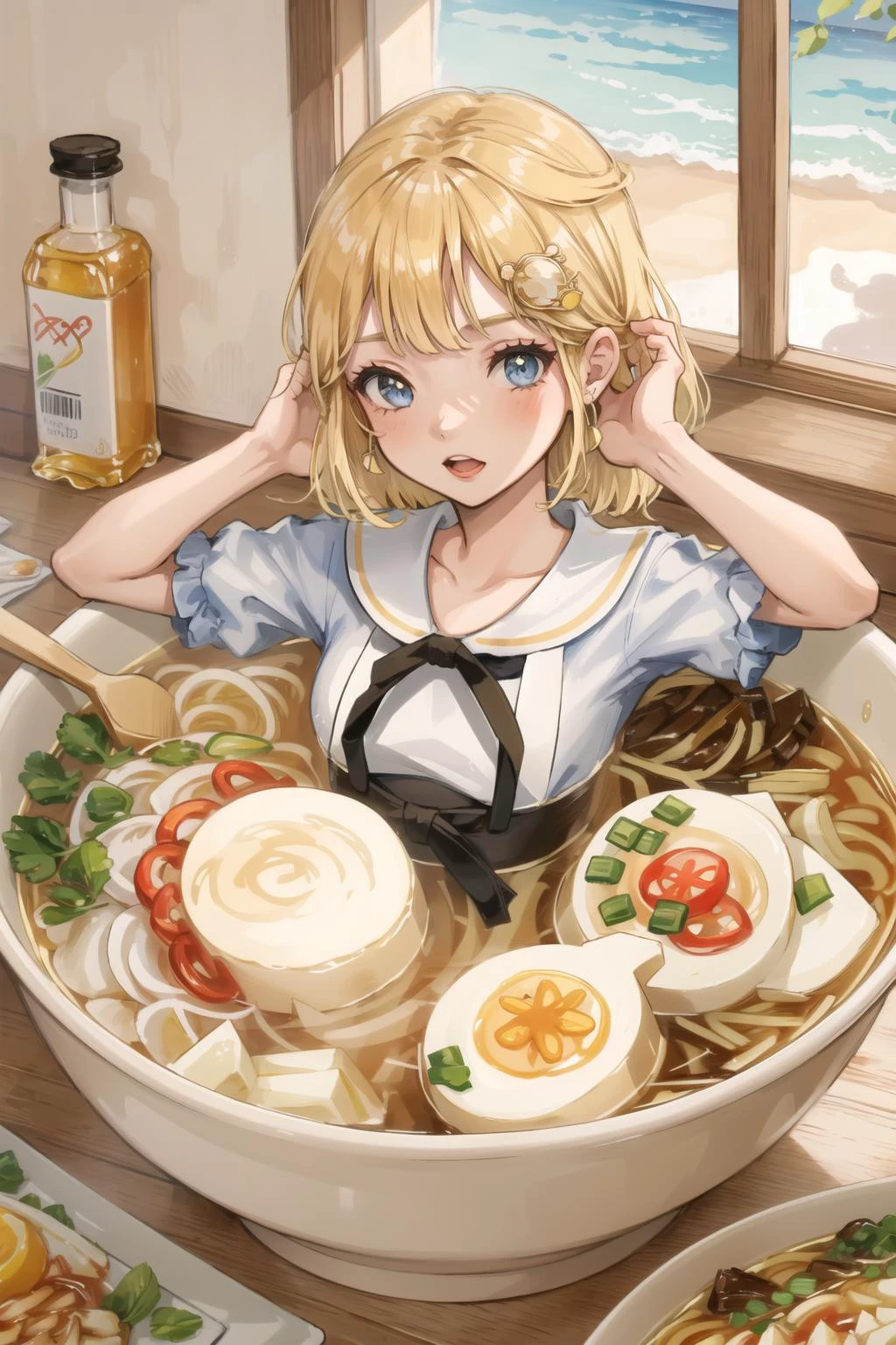 best quality, intricate details,
1girl, <lora:ameliaWatsonHololive_v2AllOutfits:0.8> amelia watson, monocle hair ornament,
<lora:ramenGirl_v1:0.8> ramengirl, ramen, food, bowl, bathing, soup,