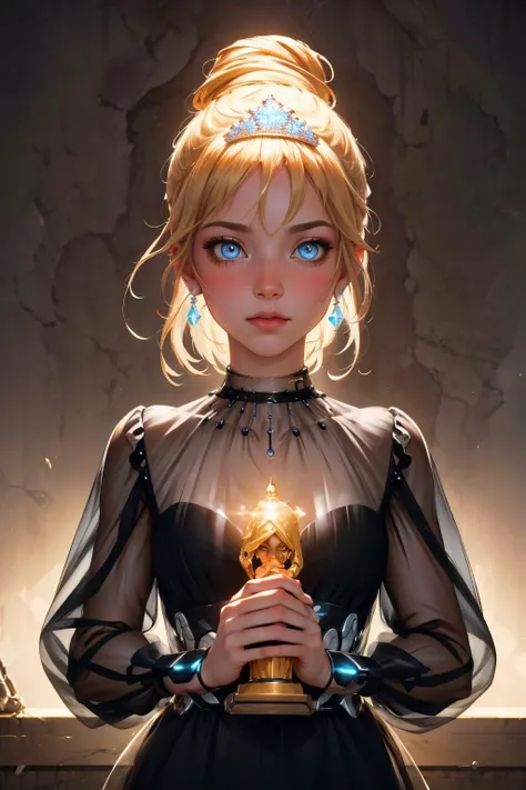 amelia watson, <lora:ame:0.9>,amelia_formal, black dress, see-through, hair bun, tiara pharaoh, android, cyborg, full of colour, cinematic lighting, digital art, winning award masterpiece, fantastically beautiful, illustration, aesthetically inspired by beksinski and dan mumford, trending on artstation, art by greg rutkowski, 8 k