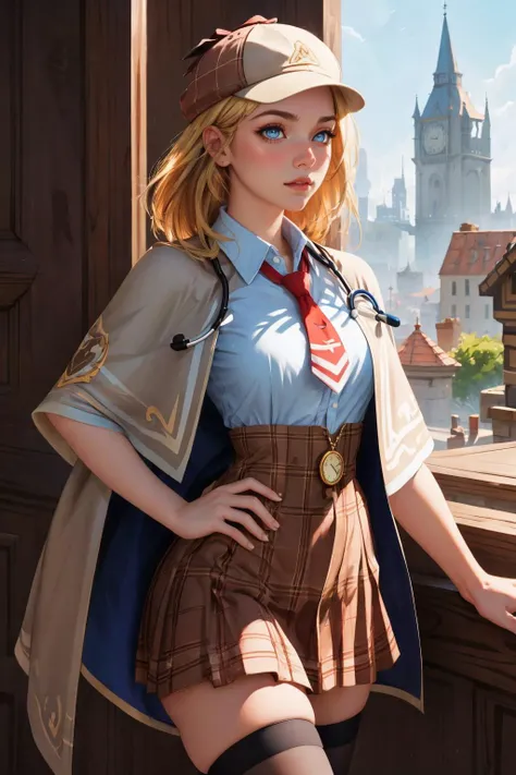 amelia watson, <lora:ame:0.8>,amelia_detective, collared shirt, red necktie, plaid skirt, thighhighs, (detective accessories:0) deerstalker, brown capelet, pocket watch, stethoscope hyperrealist distant portrait))))), closeup, d & d, fantasy, intricate, elegant, highly detailed, digital painting, artstation, concept art, matte, sharp focus, illustration, hearthstone, art by artgerm and greg rutkowski and alphonse mucha