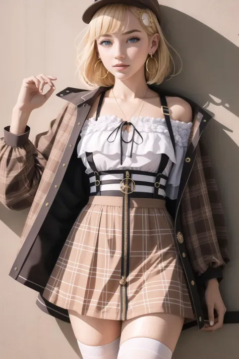 best quality, intricate details,
<lora:ameliaWatsonHololive_v2AllOutfits:0.8> amelia watson, monocle hair ornament,, thighhighs, amelia_casual, frilled shirt, collarbone, black skirt, pantyhose, (amelia_casual accesories:0) suspender skirt, zipper pull tab, brown headwear, plaid jacket, heart earrings, key necklace,