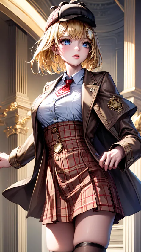 1girl, solo, detailed skin, ultra realistic, 8k cg, picture-perfect face, flawless, clean, masterpiece, professional artwork, famous artwork, cinematic lighting, cinematic bloom, ((beautiful eyes)), intricate iris, (perfect hands:1.3), (extremely detailed background), ((dynamic background)), beautiful detailed girl, beautiful detailed nose, light on face, looking at viewer,<lora:GoodHands-beta2:1.5>, <lora:more_details:0.6>, <lora:ame-10:0.9> , amelia watson, monocle hair ornament, amelia_detective, collared shirt, red necktie, plaid skirt, thighhighs, (detective accessories:0) deerstalker, brown capelet, pocket watch,