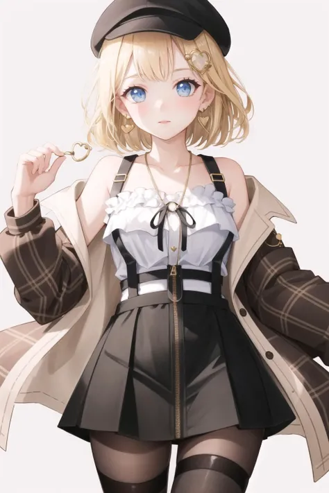 best quality, intricate details,
<lora:ameliaWatsonHololive_v2AllOutfits:0.8> amelia watson, monocle hair ornament,, thighhighs, amelia_casual, frilled shirt, collarbone, black skirt, pantyhose, (amelia_casual accesories:0) suspender skirt, zipper pull tab, brown headwear, plaid jacket, heart earrings, key necklace,